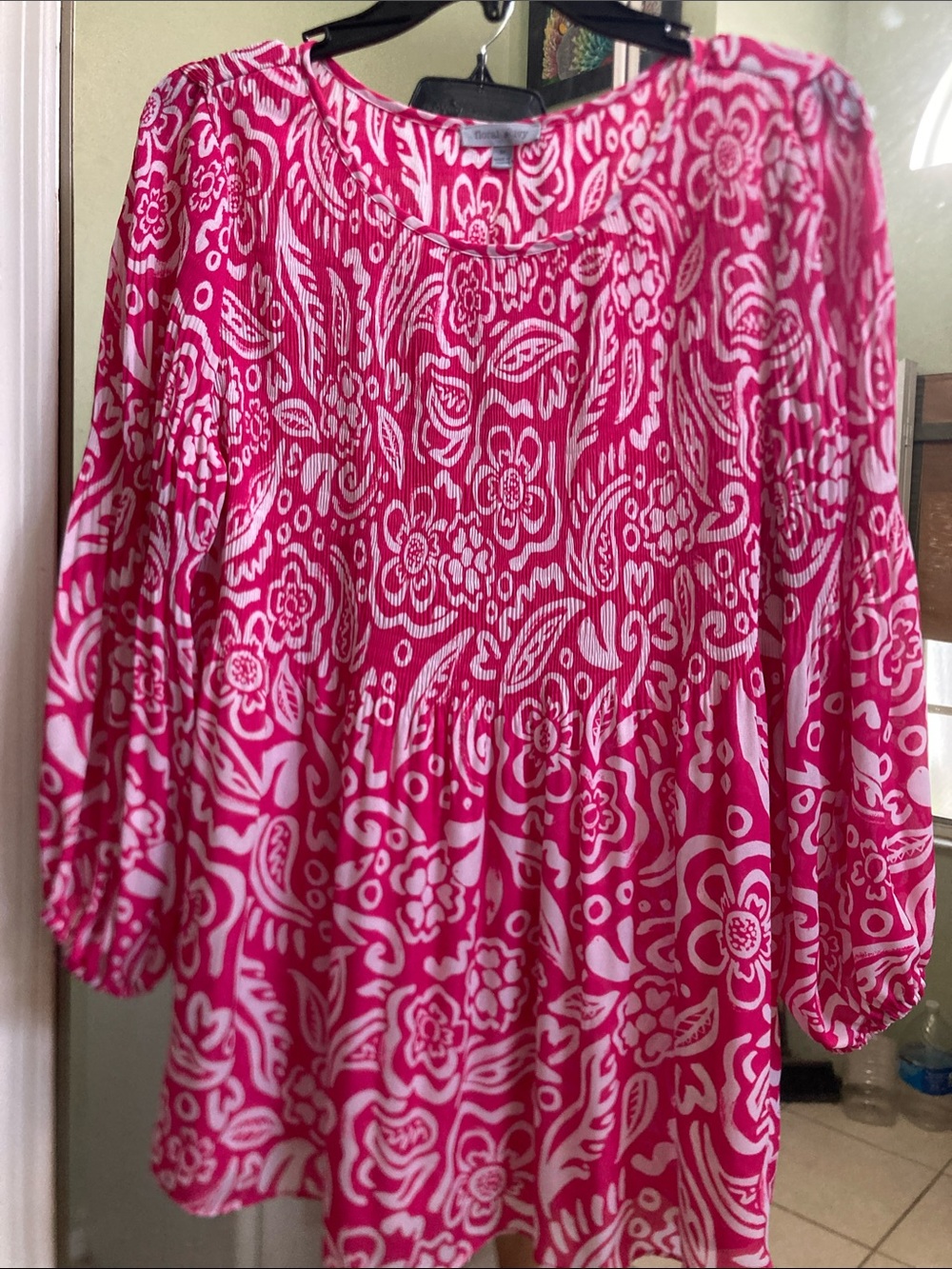 Bright Pink Floral Smocked Peasant Tunic - Unbranded